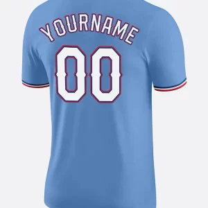 Custom Light Blue White Red Performance T Shirt Back