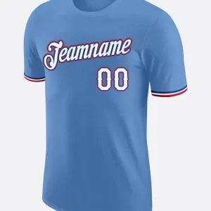 Custom Light Blue White Red Performance T Shirt Front