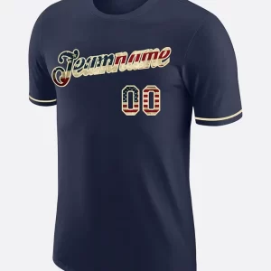 Custom Navy Vintage USA Flag Cream Performance T Shirt Front